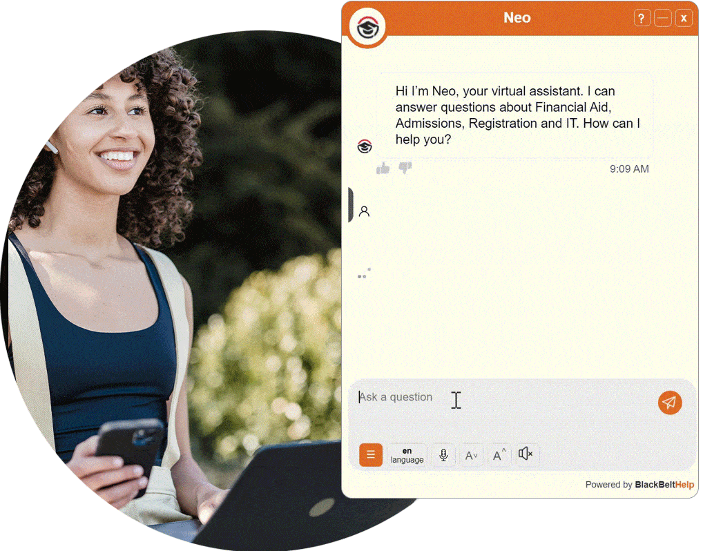 AI chatbot interface for higher education with a smiling student using a laptop, showcasing EduBot Chat by BlackBeltHelp